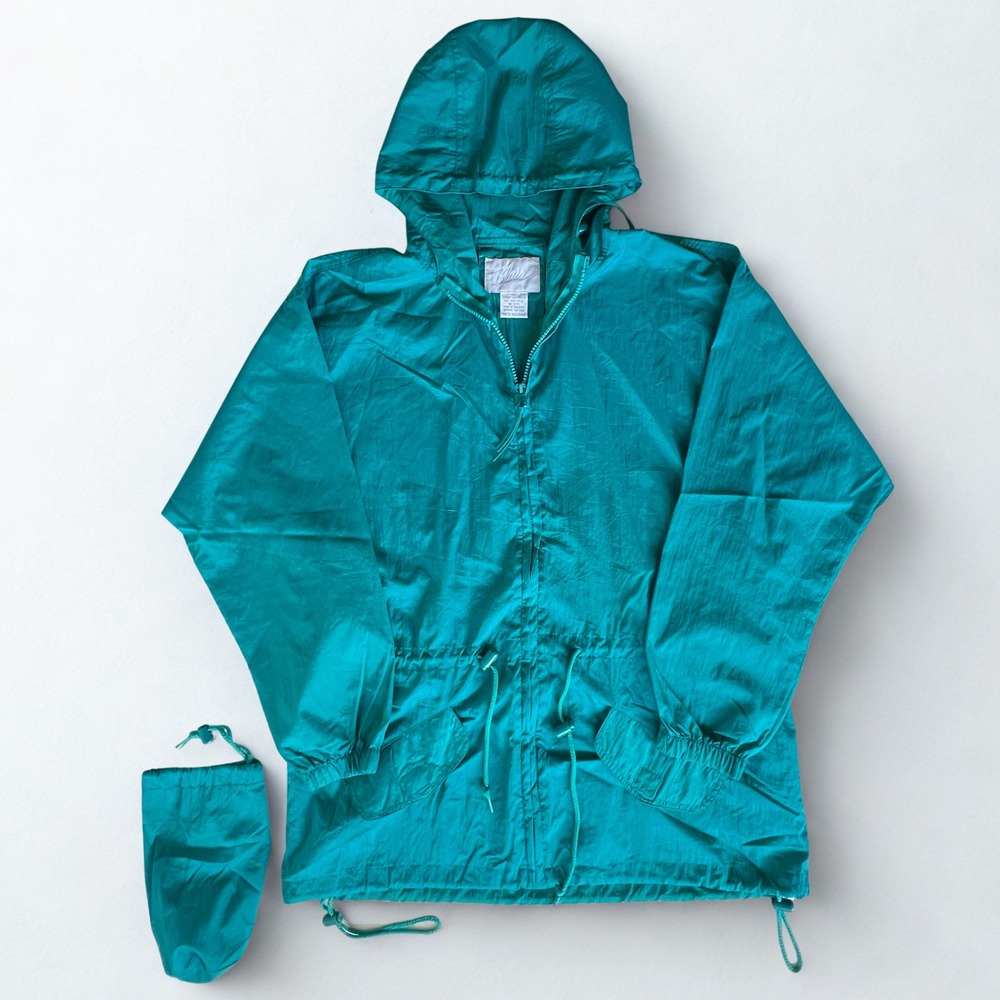 Vintage Blair Teal Packable Hooded Rain Jacket Windbreaker Medium